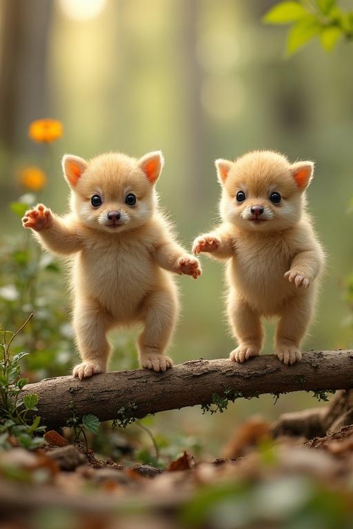 Two fluffy baby animals standing on a log in a forest. Soft natural lighting highlights their features. Background features green foliage and flowers.