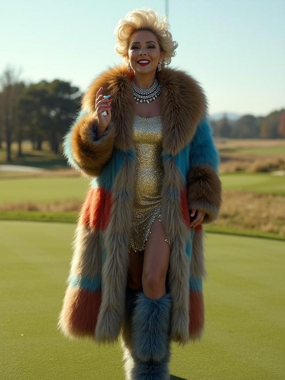 Model in luxurious mixed color fox fur coat. Sparkling diamond-encrusted dress paired with knee-high fur boots. Long cigarette held in hand. Setting on an expansive golf fairway under bright sun.