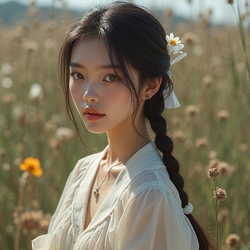 A woman poses in a sunlit field of tall grass and flowers. The scene captures a serene moment with an emphasis on nature. The clothing worn by the woman is semi-transparent and softly highlights her presence. A flower adorns her hairstyle, adding charm to the composition.