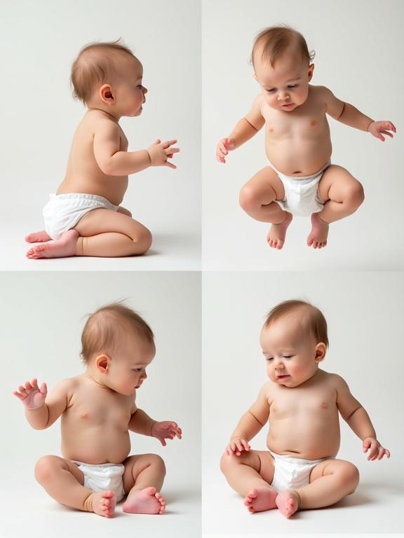 A picture divided into four parts showing a baby. The first part features the baby playing, the second part depicts the baby jumping, the third part captures the baby sitting, and the fourth part portrays the baby sleeping.