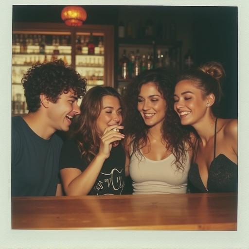 Polaroid photo captures unique friends having joyful moments at a bar. Four friends are posed together at a wooden bar. Warm lighting enhances a fun atmosphere.