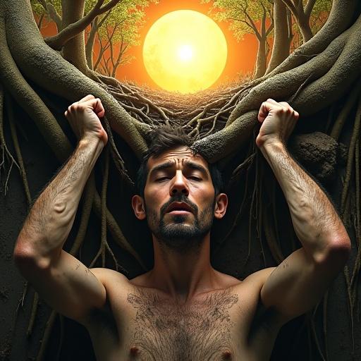 A man trapped underground surrounded by mud and rocks with tree roots wrapped around his body. His facial expression shows suffering while his arms extend through the ground above him to hold a shining sun in a paradise-like setting.