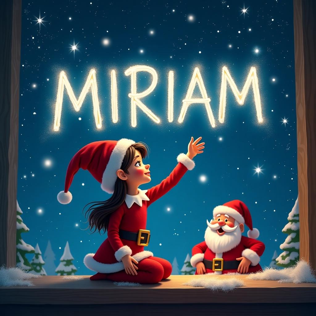 In the scene, a girl dressed as an elf is joyfully writing the name 'MIRIAM' in sparkling letters across a magical nighttime sky. She wears a traditional red and green outfit with a Santa hat. Nearby, Santa Claus watches her with a cheerful smile. The background features snowy Christmas trees and twinkling stars, creating a festive atmosphere. The overall mood is joyful and magical, capturing the essence of holiday cheer and childhood wonder.