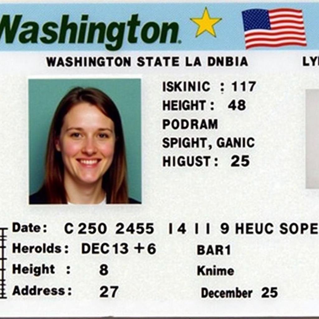 Generate a driver's license for Washington state. Include license number, date of birth, name, address, height, and weight. Birthday is December 25 2000. Include identification features.