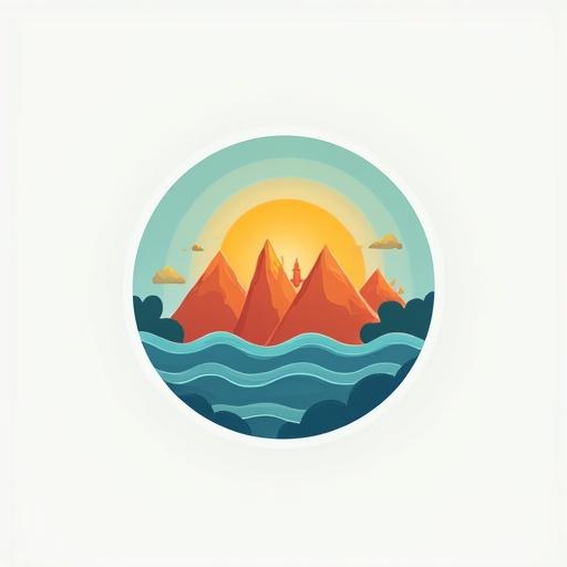 Logo design for a travel YouTube channel featuring mountains a sun and waves in a circular style