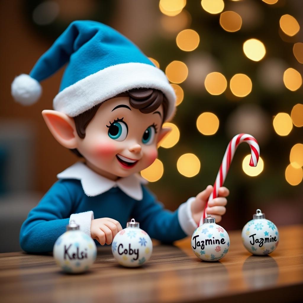 A charming Christmas elf dressed in cheerful blue attire with a playful expression. The elf is sitting at a wooden table, carefully writing names on decorative baubles. Surrounding the elf are festive decorations, including a softly lit Christmas tree with twinkling lights in the background. In one hand, the elf holds a red and white candy cane, adding to the holiday cheer. The names on the baubles include 'Kelsi', 'Coby', 'Lewis', 'Jazmine', and 'Lottie', emphasizing a personal touch for the festive season. This scene captures the delightful anticipation of the holidays.