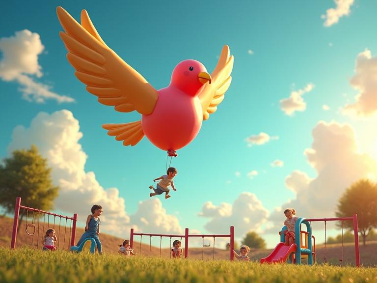 A magical balloon shaped like a bird soars over a children's playground. Kids play on swings and slides below. Whimsical and vibrant scene with dreamy clouds and golden sunlight.