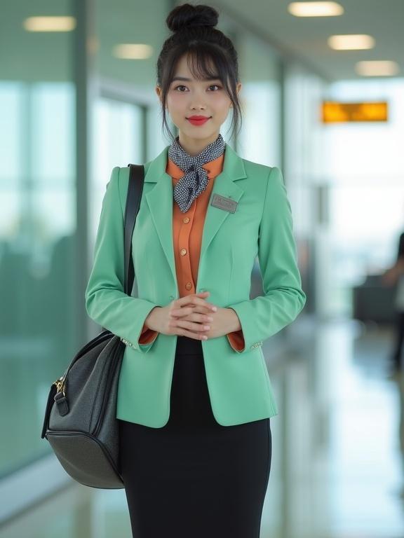 A female airport ground staff member stands in a terminal. She wears an apricot blouse and a mint-green blazer. A black pencil skirt and low-heel pumps complete her outfit. Her hair is styled into a bun. She smiles warmly with red lips. A silver name tag is on her blazer. A small dark-blue scarf is tied at her collar. A dark-grey satchel hangs by her side. She has a friendly and youthful appearance.