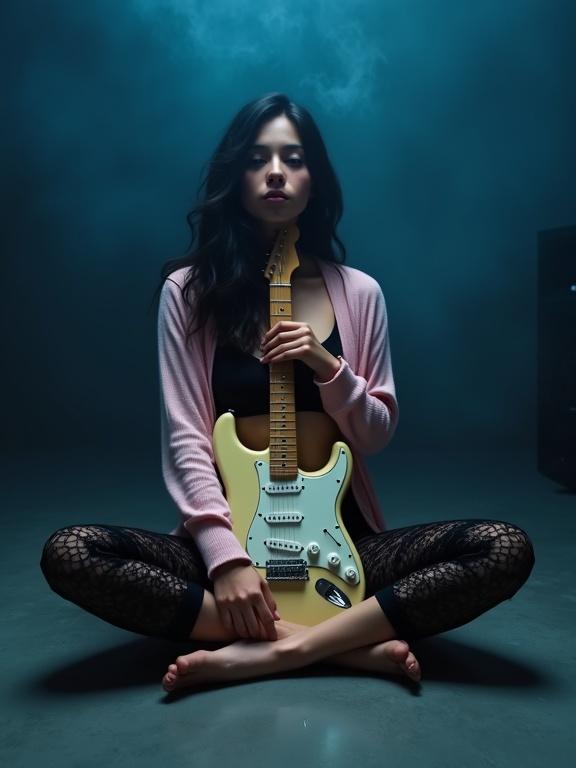 A young woman sits on the floor of a dimly lit studio. Smoky bluish background enhances the artistic vibe. She holds a cream electric guitar in front of her body. Legs are relaxed in a wide V shape. Calm and serious expression. Soft pink cardigan over a black top. Black lace trousers. Barefoot with natural feet positioning.