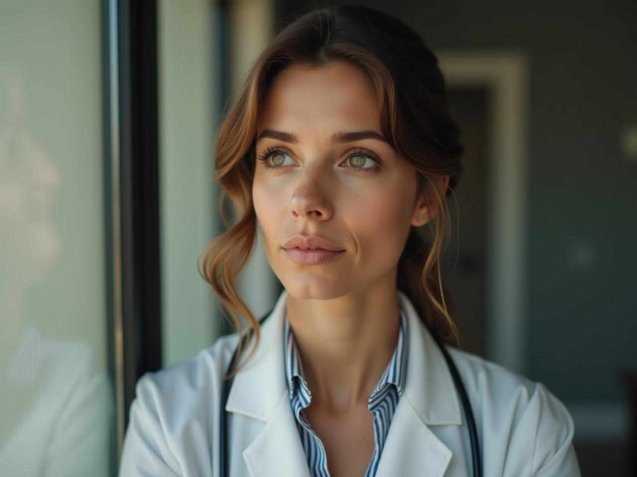 Una mujer doctora se encuentra mirando al frente con una expresión neutra. Tiene ojos café y cabello iluminado que cae suavemente sobre sus hombros. Lleva un traje blanco de doctora, lo que refleja su profesionalismo. La imagen está bien iluminada por la luz natural que entra por una ventana cercana. Su pose y mirada transmiten calma y confianza en un ambiente médico.