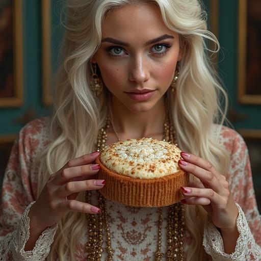 Person holding a cake with a confident expression. Long blond hair styled elegantly. Warm soft lighting emphasizing the atmosphere. The background suggests vintage or classic decor.