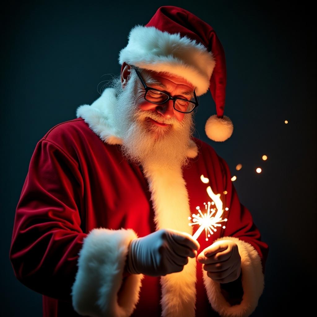 Santa wearing a red outfit with white trim. Santa holds a sparkler creating a glowing name. Background is dark to emphasize glow. Seasonal and festive atmosphere.