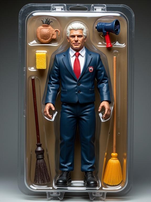 Action figure of JD Vance styled as a servant doll. Figure in a suit displayed in a transparent blister package. Accessories include a broom, sponge, megaphone, organized neatly. Background designed like toy packaging with professional lighting.