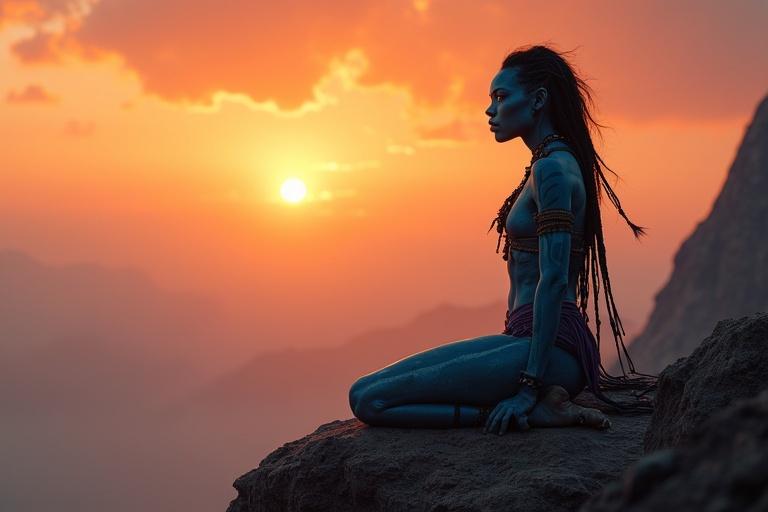 A tall Na’vi female character kneeling on a mountain. Background shows a glowing sky at sunrise. She has blue skin with bioluminescent stripes and a graceful silhouette. Hair is long and braided, adorned with beads. Clothing is tribal and tattered. Scene conveys emotion and a sense of loss.