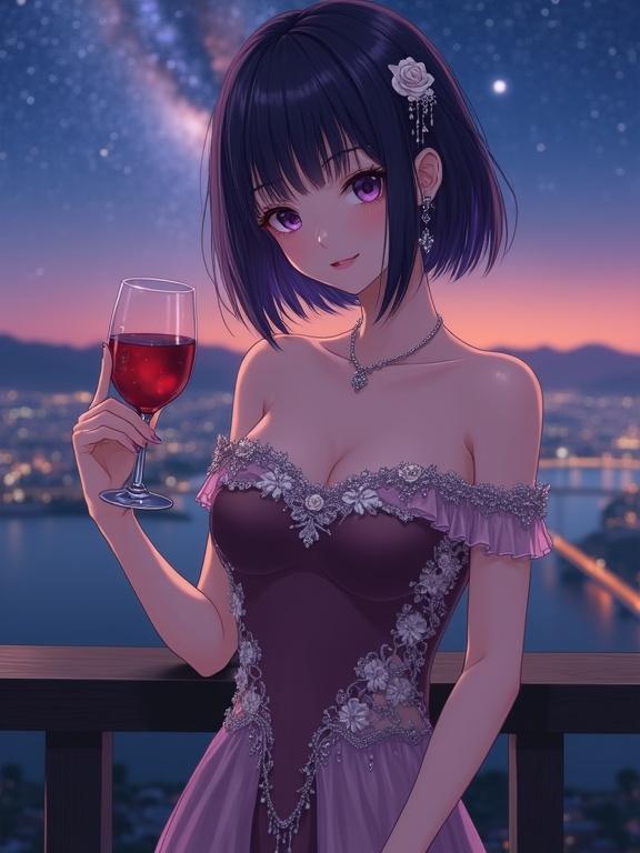 A graceful lady stands elegantly holding a wine glass. She has straight dark violet hair, violet eyes, and wears a luxurious off-shoulder gown with floral embroidery. Background shows a starry sky and city lights. She embodies a cool, mysterious presence.