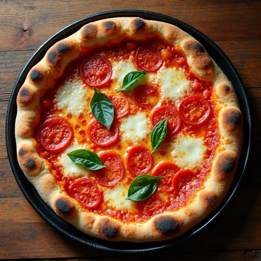Ultra-realistic top-down view of a freshly baked margherita pizza. Light airy crust with leopard-spot charring. Rich vibrant tomato sauce and fior di latte mozzarella. Scattered fresh basil leaves. Perfect balance of crispiness and chewiness. Baking tray on rustic wooden table with warm ambient lighting. Photorealistic food photography style.