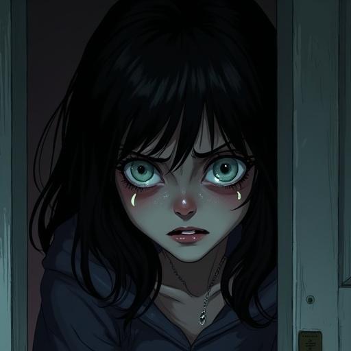 Illustration of a terrified girl named Elena. She is backed into a dark corner. Her eyes display primal fear. The room is mostly in shadow. Focus on her expression of pure dread.