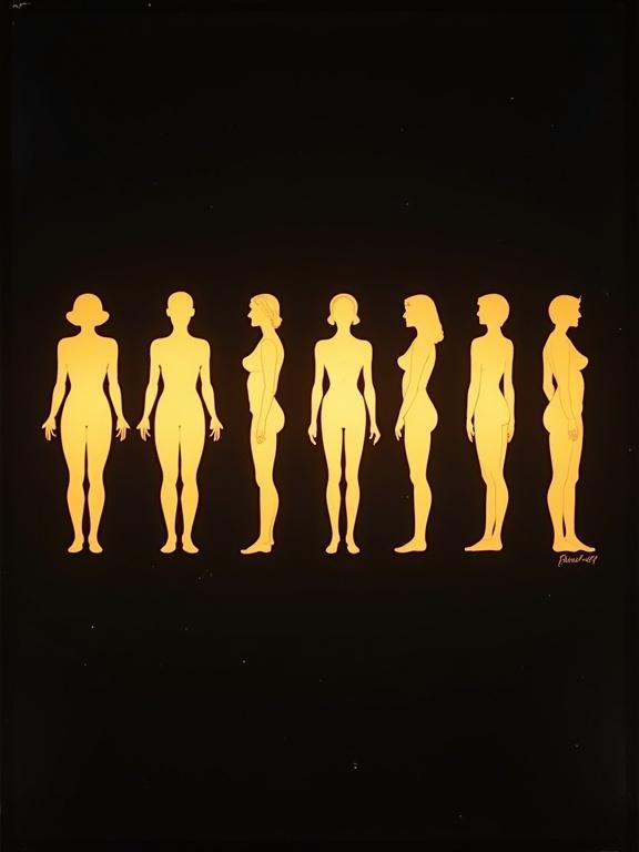 Series of glowing shapes featuring male and female figures. Arranged in a linear fashion. Classic 1940s design influence evident in style. Infographic aesthetic prominent throughout.