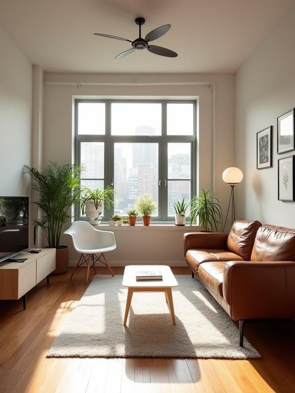 Cozy living room with natural light from large windows. Sunlight streams in with modern decor. Brown leather sofa positioned right. White modern chair with wooden legs in the middle. White coffee table with a book on top. Wooden floor covered by a light gray rug. Potted plants in the corner. White ceiling fan above. Black and white TV on wooden stand to the left. White desk lamp to the left. Framed pictures on the wall. High ceiling with afternoon light creating a warm atmosphere. Casual and relaxed vibe in urban apartment with modern minimalist style.