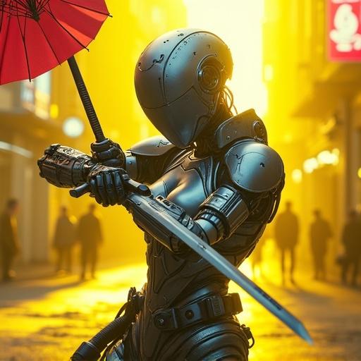 Cyberpunk android robot warrior in a dynamic combat stance. Clad in metallic silver suit with tactical straps and glowing helmet. Mechanical parts visible. Wields dual energy-bladed swords crossed defensively. Neon-lit dystopian city streets in vibrant yellow haze. Holographic advertisements flickering. Dramatic backlighting with determined expression. Crimson umbrella floats nearby creating chromatic contrast. Fusion of traditional samurai motifs and futuristic tech.