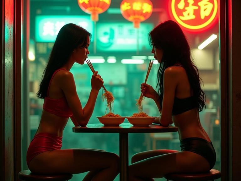 Two beautiful ladies in a noodle shop wear stylish outfits. One eats noodles while the other gazes outside. Urban neon lights create a vibrant ambiance. Glass reflections include street scene behind.