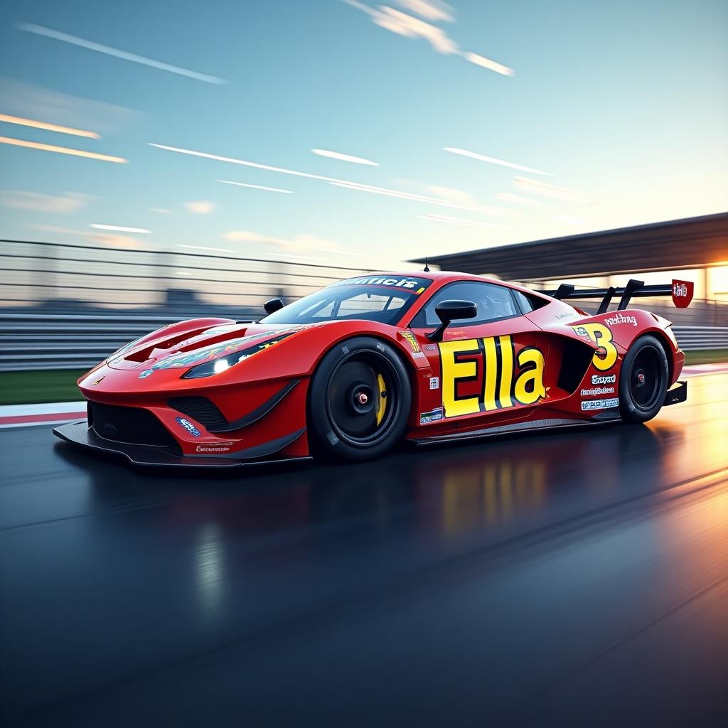 Race car displays name Ella and number 18. Car features a sleek design with vibrant colors. The background suggests a racetrack setting. Motion effects highlight speed.