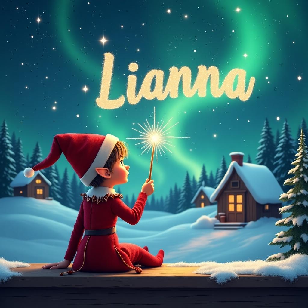 An elf sits on a wooden ledge gazing at a magical sky. The elf is dressed in red with a pointed hat. The elf holds a sparkling wand writing the name 'Lianna' in the starry sky. Background features a snowy landscape with charming houses and evergreen trees under Northern Lights. The scene captures childhood magic and Christmas cheer.