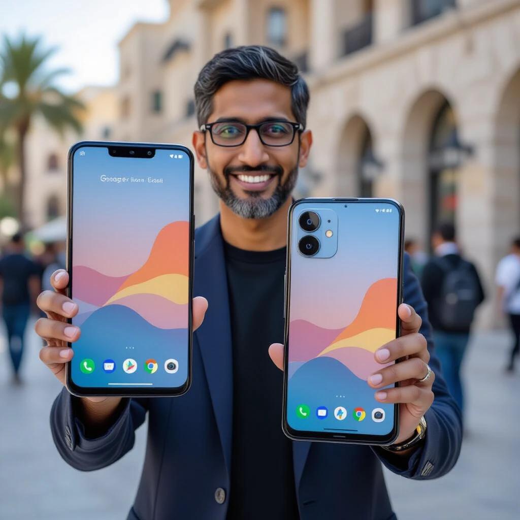 Man holding two smartphones outdoors in Tel Aviv. Two Google Pixel phones displayed. Bright daylight. Palm trees in the background.