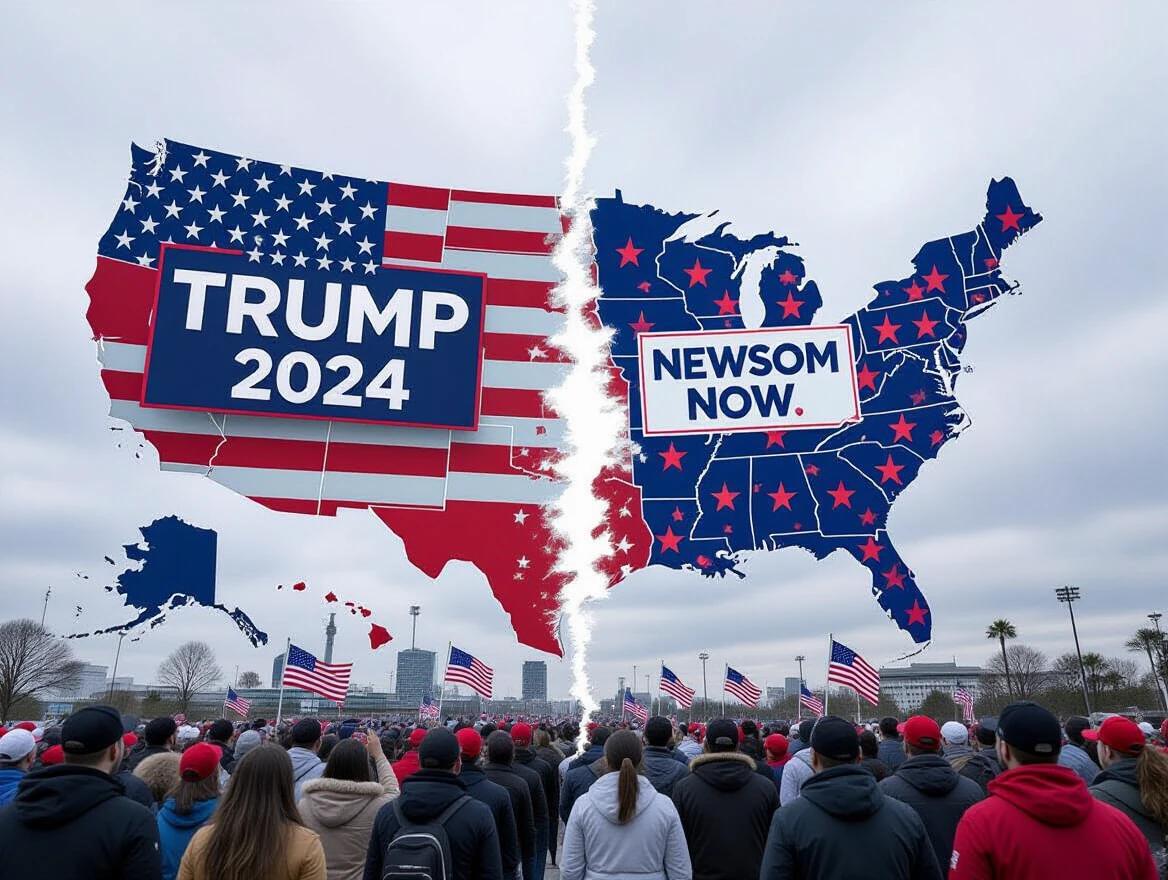 Ultra-realistic 3D image of the USA map split in the center. Left side features 'TRUMP 2024' with flags. Right side displays 'NEWSOM NOW'. Cloudy sky above. People on both sides show conflicting expressions.