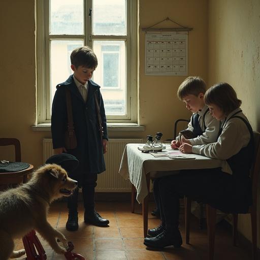 Scene inside a modest Soviet-era apartment. A young boy stands in the center looking dejected. He wears an unbuttoned school coat and messy clothing. He holds ice skates and a cap. To his right, a weary mother looks sad. A younger sister in school uniform does homework but observes him critically. A younger brother on a tricycle looks on innocently. A large dog jumps joyfully at the boy. The room is simply furnished with light streaming in from a window.