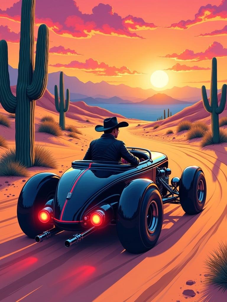 A stylish man drives a futuristic hot rod in a vibrant desert. The vehicle is jet black with neon accents. The desert landscape features intense colors at sunset. Large cacti and smaller plants are present. The image is whimsical with smooth brushstrokes. The overall feel is retro-futuristic and adventurous.