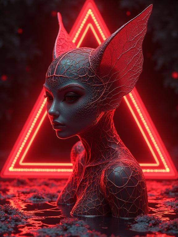 Hyperdetailed character design featuring a model with zentangle patterns using neon red lighting and a triangular background set in a surreal environment