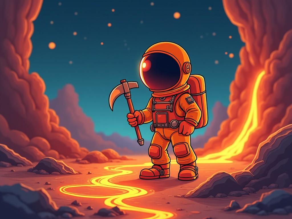 Illustration of an astronaut in an orange space suit standing on a volcanic landscape with flowing lava and a starry sky.