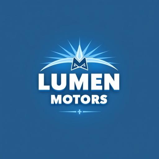 Logo for LUMEN MOTORS features a stylized headlight beam. The design incorporates the letters L and M. Main colors are Horizon Blue for trust and Warm Silver for luxury. Font is rounded sans-serif known as Lumen Sans. Slogan is 'Brilliance Within Reach.'