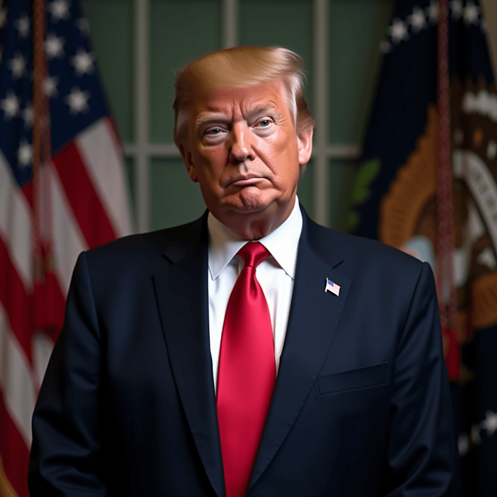 A man in a suit with a red tie stands in front of a U.S. flag.