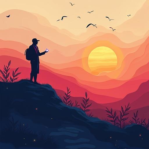 Abstract background featuring a sunset scene with mountains and a silhouette of a person. Colors blend from orange to pink to purple. Birds flying in the background. Person holds a light.