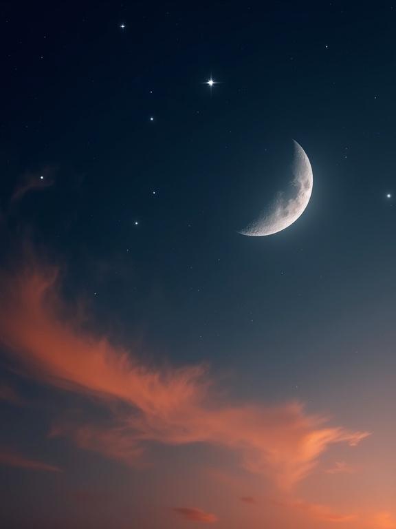 Night sky scene with a crescent moon and stars. Moon shows a thin sliver of light with earthshine visible. Background transitions from navy blue to orange and pink at horizon. Wispy clouds in shades of orange. Bright stars scattered in the sky.