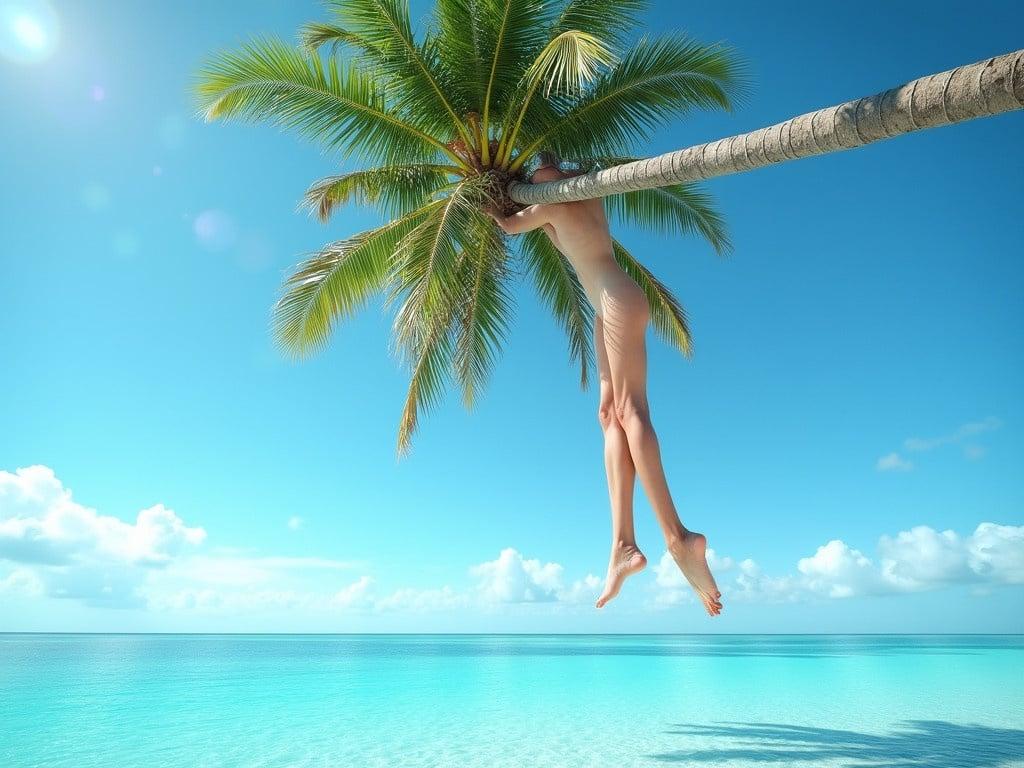 The image depicts a pair of legs and feet dangling from a curved palm tree that stretches out over a clear, turquoise ocean. The sky is bright blue with a few wispy clouds, creating a serene atmosphere. The palm tree is leaning gracefully, showcasing its long trunk and lush green leaves. The feet are bare, emphasizing a relaxed vibe, inviting one to enjoy the tropical setting. The ocean below sparkles under the sunlight, adding to the picturesque view.