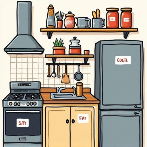 Generate an image on the theme of 'Kitchen' with vocabularies labeled. The style is cartoon-like with elements like a stove, fridge, and kitchenware.