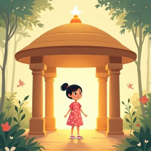 Warm and soft flat-style illustration features a symbolic wooden house with five pillars and a dome-shaped roof. Little Layla gently places a missing pillar back. She smiles with shy tears. Golden light spreads warmth. Dreamscape surrounds her with glowing birds, leafy vines, and colorful flowers. The wooden house focuses the scene, open from all sides. The background suggests a dreamy version of her room with soft light tones and faint silhouettes. Layla is a 5–7 year-old girl with short black hair in a ponytail, wearing a pink polka-dot dress and white shoes. The overall mood is peaceful, calm, and symbolic of inner beauty.