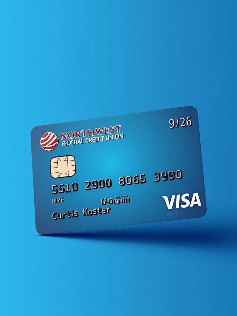 Realistic image of a credit card shows Visa logo and Northwest Federal Credit Union. Card number 5510 2900 8065 3990 is visible. Name Curtis Koster is presented clearly. Expiry date 09/26 is displayed. Blue background enhances clean appearance.