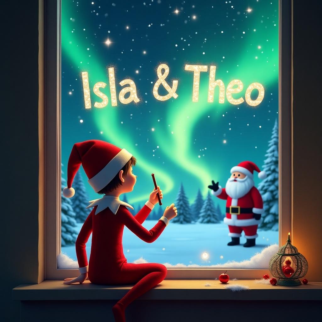 This image portrays a delightful scene of an elf on a shelf by a window during the Christmas season. The elf is dressed in a vibrant red costume and sits with its back to the viewer, showcasing its whimsical nature. With a magic wand, the elf writes the names 'Isla & Theo' in the night sky, adding a personal touch to the festive atmosphere. Outside the window, breathtaking northern lights create a stunning backdrop, and in the distance, Santa Claus can be seen, enhancing the magical essence of the scene. The whole composition embodies the enchantment and joy of Christmas time.