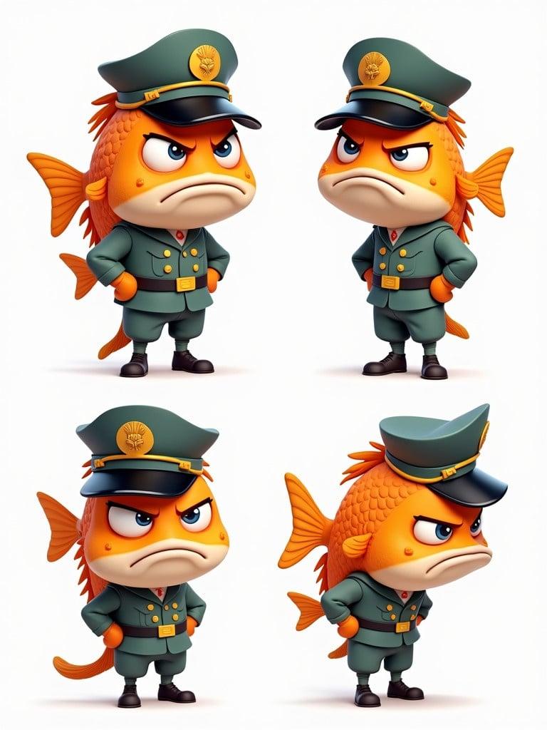 Different angles of a cartoon army fish in uniform. Fish appears grumpy. Bright colors dominate the image.