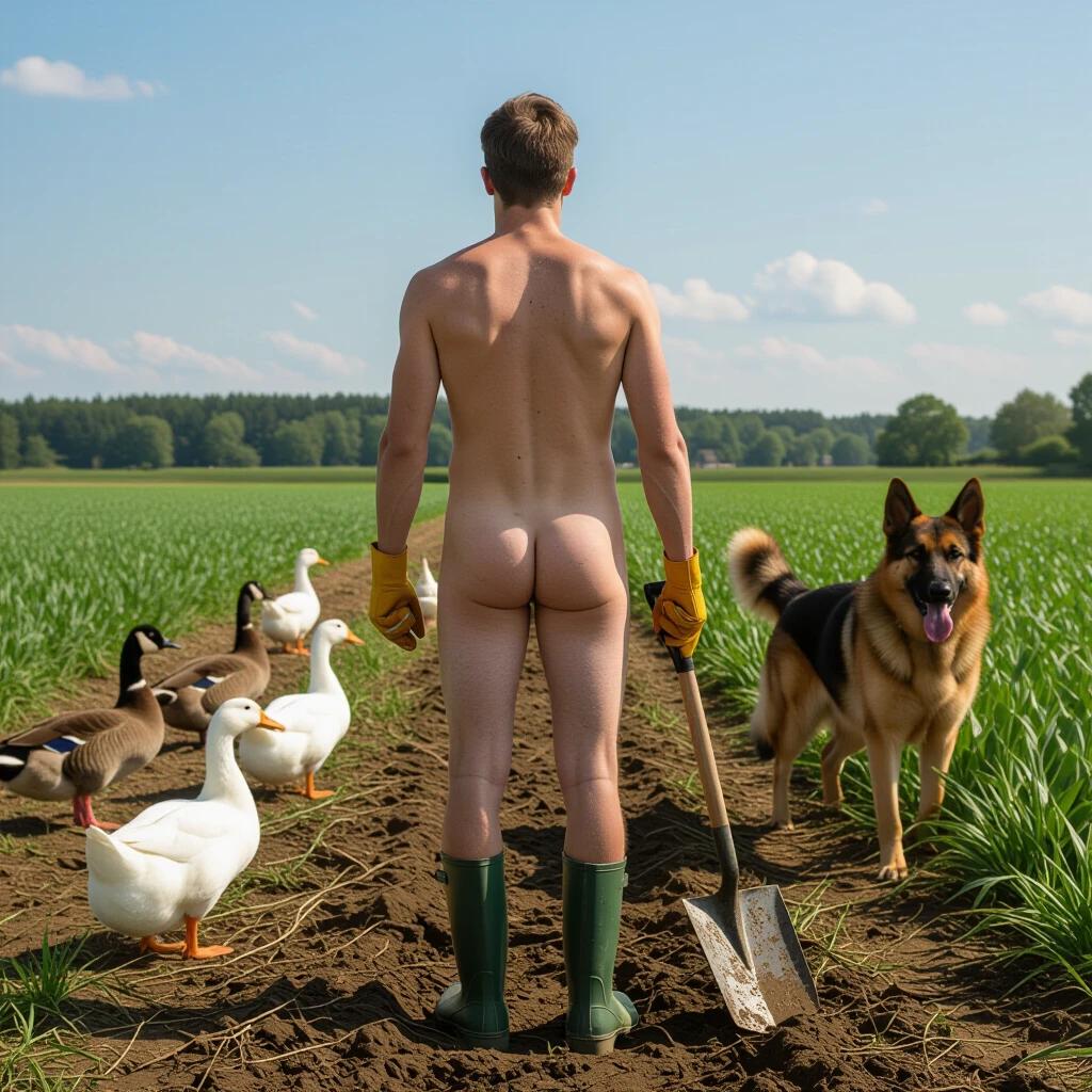 Young man stands on a farm holding a shovel. He is viewed from behind and only wearing rubber boots. Ducks, geese, and a German shepherd are around him in the field on a sunny day.