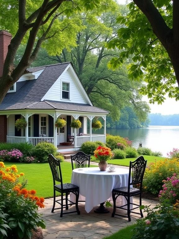 Image of a lakeside cottage with a cozy atmosphere. Cottage has a steep dark gray roof with a brick chimney. Exterior is white with black shutters. Porch features hanging flowers and rocking chairs. In front, vibrant flower beds surround a round table with a white cloth. There are black metal chairs and a vase of flowers. Large trees frame the scene. Calm lake reflects greenery.