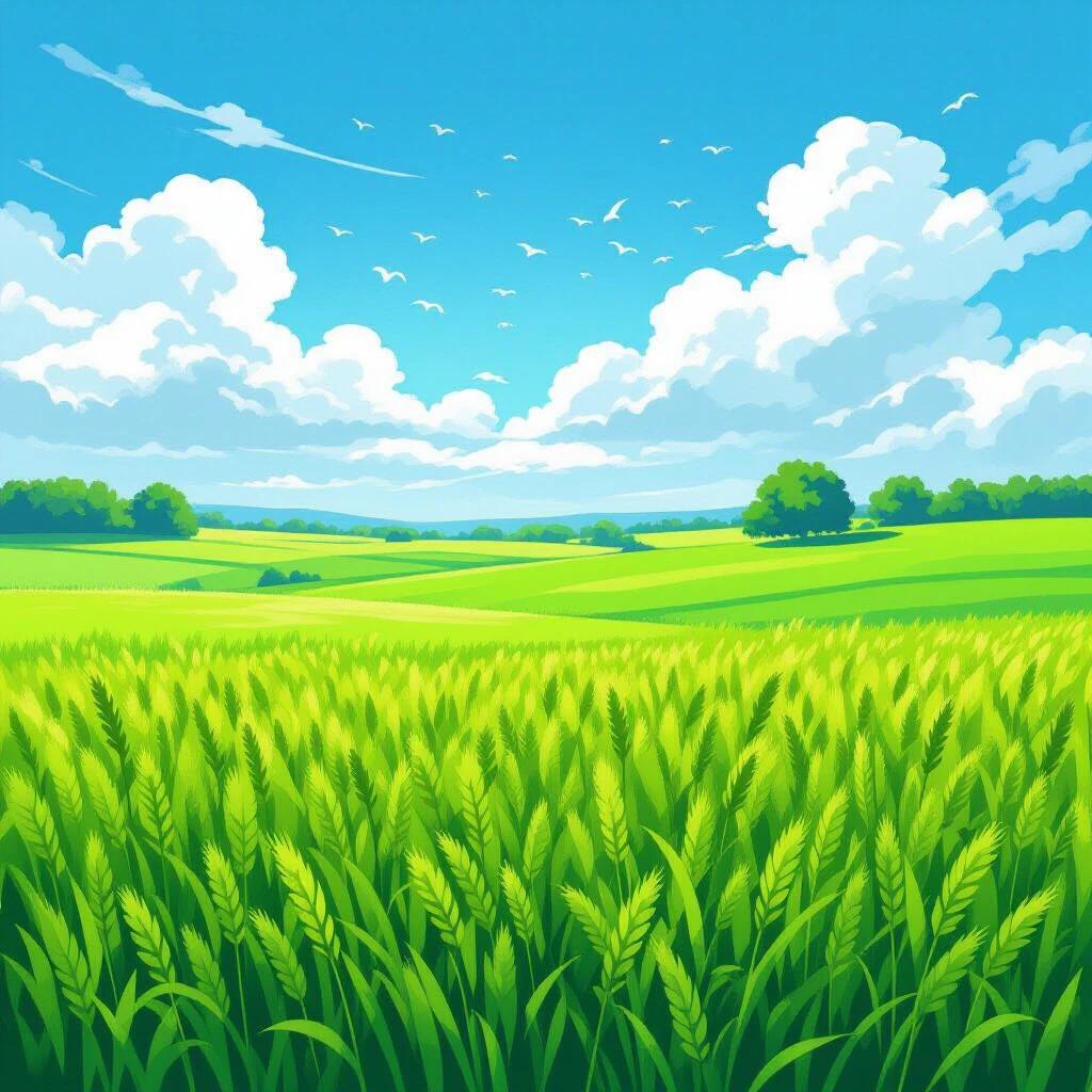 Image showcases a vast green field covered with dense grass. Distant trees decorate the landscape. The sky is bright blue with fluffy white clouds. Birds soar in the sky, adding a sense of movement to the scene. The overall atmosphere is tranquil and vibrant, evoking a feeling of natural harmony.