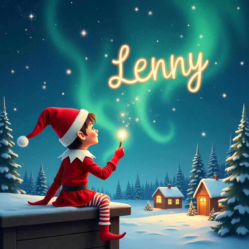 An elf sits on a wooden ledge showing its back. The elf gazes at a magical sky. Dressed in a red outfit with a pointed hat, the elf holds a sparkling wand. The elf writes 'Lenny' in the starry sky. The scene has a snowy landscape, little houses, and evergreen trees under Northern Lights. The elf adds 'Elsie' and 'Lyall' in the same sky. The image captures childhood magic and Christmas cheer.