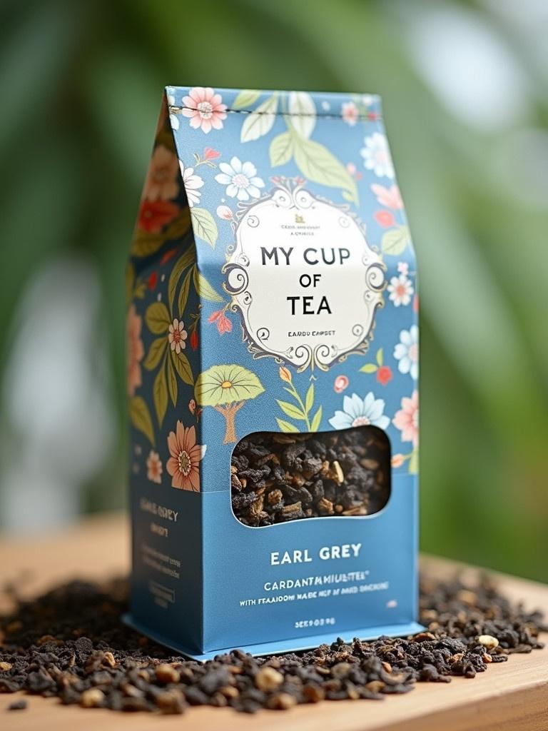 Tea packaging design featuring a blue label. The background shows a tea garden slightly blurred for effect. The flavor is Earl Grey with cardamom husk. The brand name is MY CUP OF TEA.