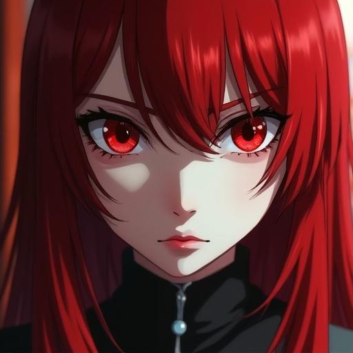 Close-up shot of a Japanese woman characterized as a Shinigami with red hair and striking red eyes. Focus on facial features and dramatic expression.