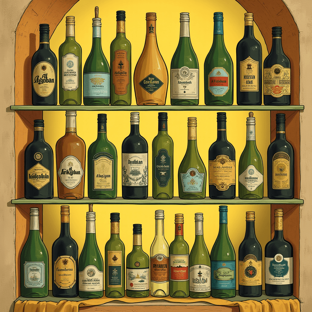 A collection of vintage and diverse spirit bottles displayed on wooden shelves.